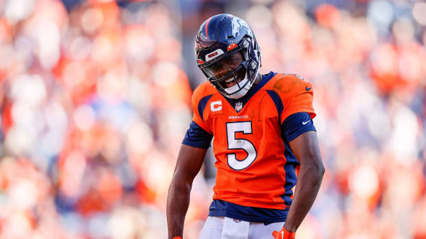 Denver Broncos quarterback Teddy Bridgewater (5) reacts after a play in the fourth quarter against the New York Jets at Empower Field at Mile High.